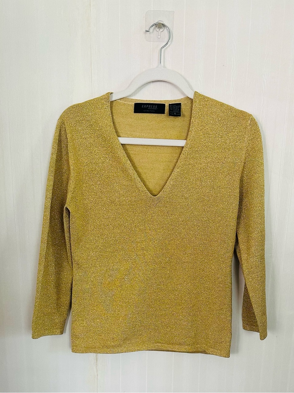 Vintage 90s Express Stretch Women's Metallic Gold V-Neck Knit Top